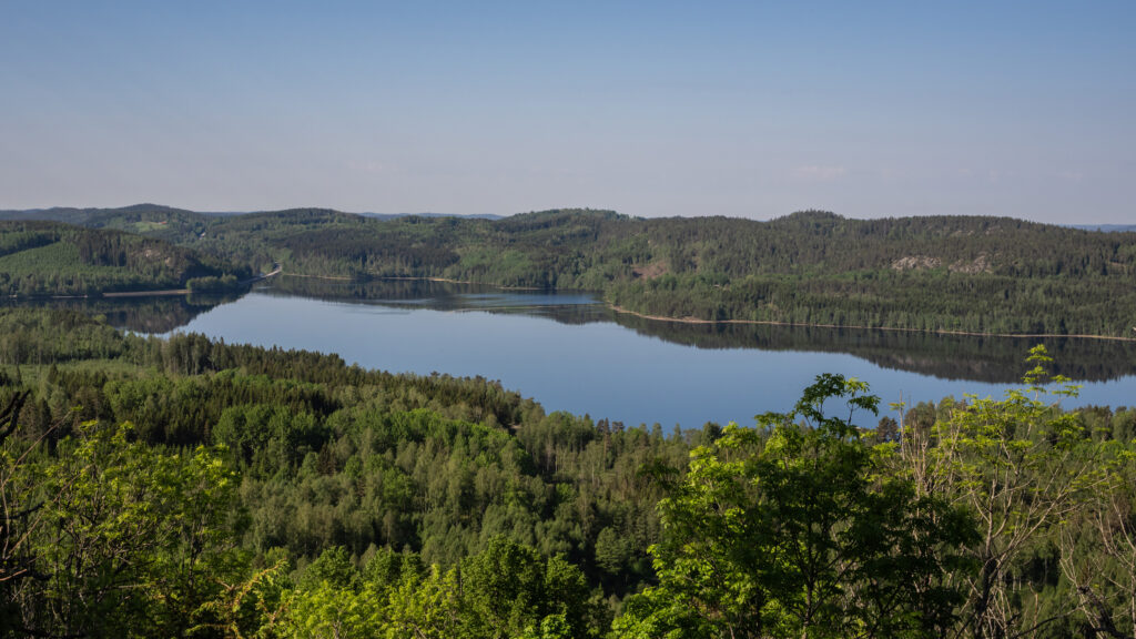 Vy över sjö och skog från en höjd. Foto.