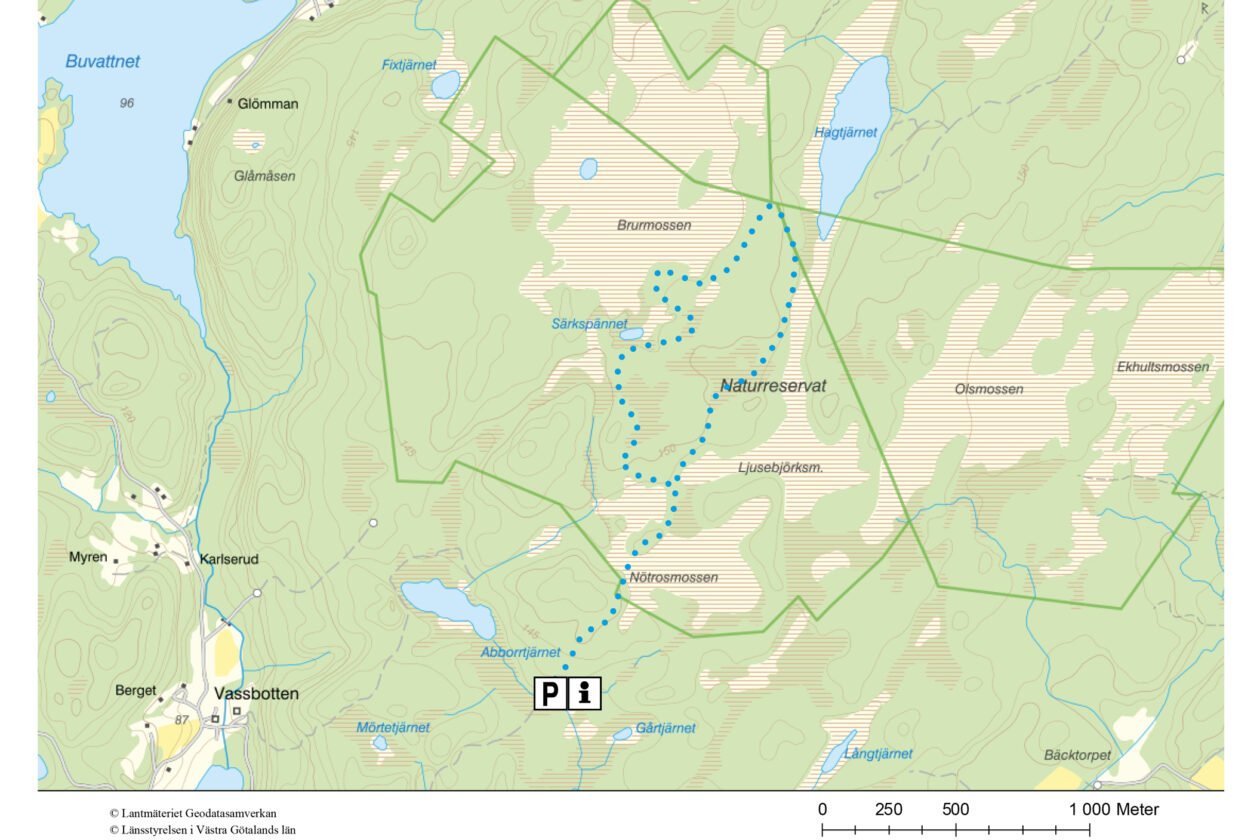 Vandringsförslag i naturreservatet Brurmossen. Karta.