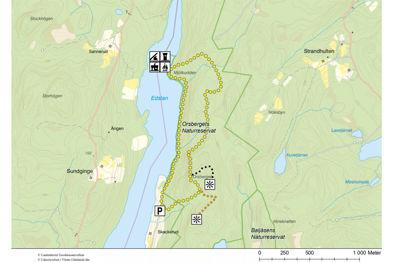 Vandringsförslag i naturreservatet Orsberget. Karta.
