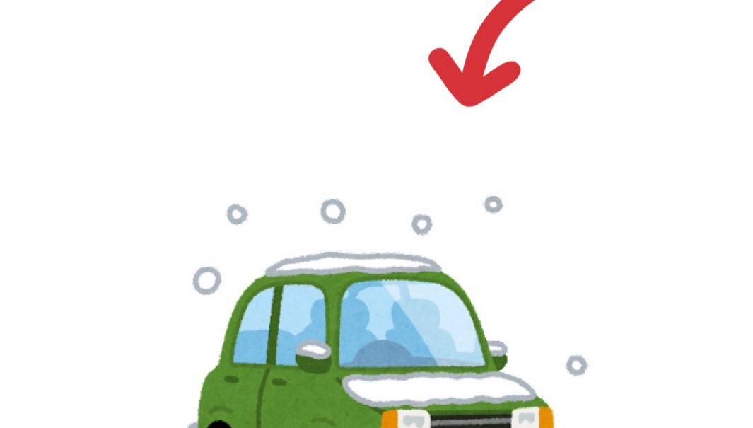 En pil pekar på en insnöad bil. Illustration.