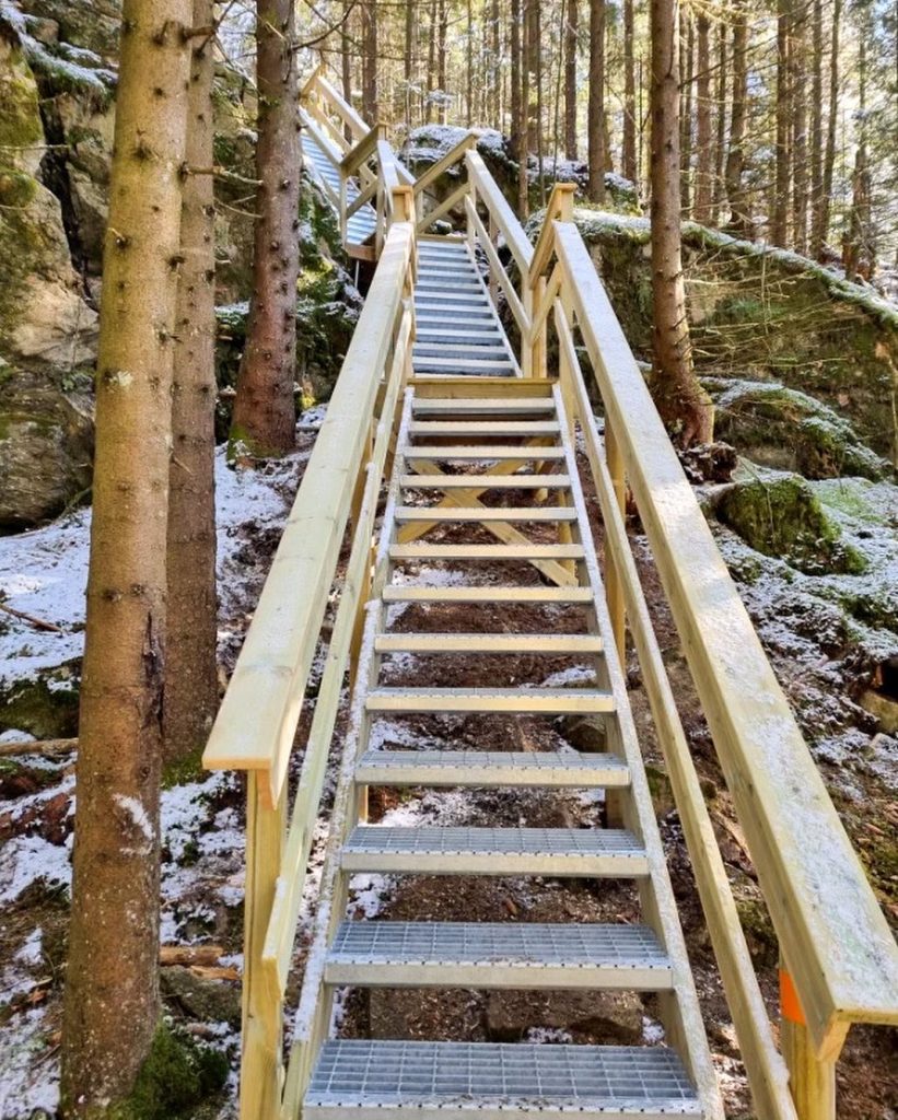 En del av en trappa i en skog. Foto.