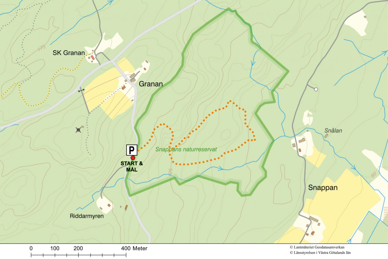 Vandringsförslag i naturreservatet Snappan. Karta.
