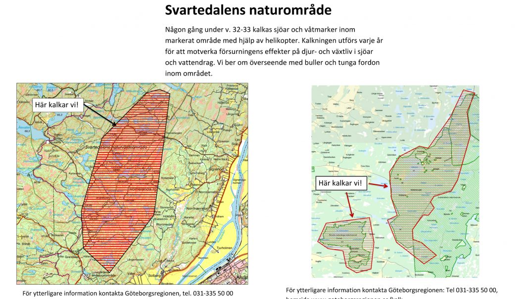 Kartor över områden som ska kalkas, med en text om kalkningen. Illustration.