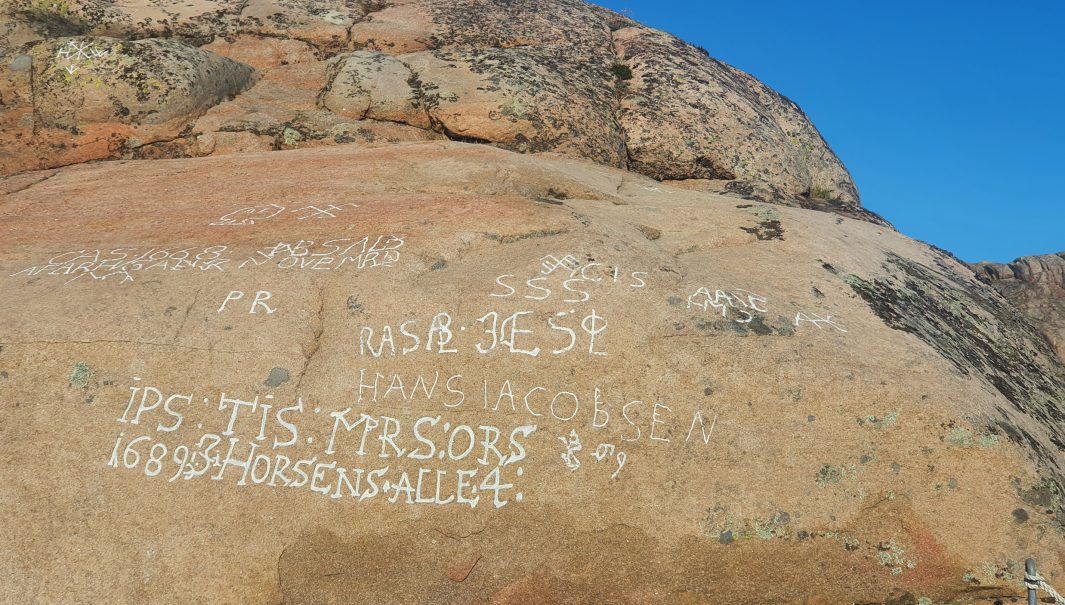 En häll med ristningar, ifyllda med vit färg. Foto.