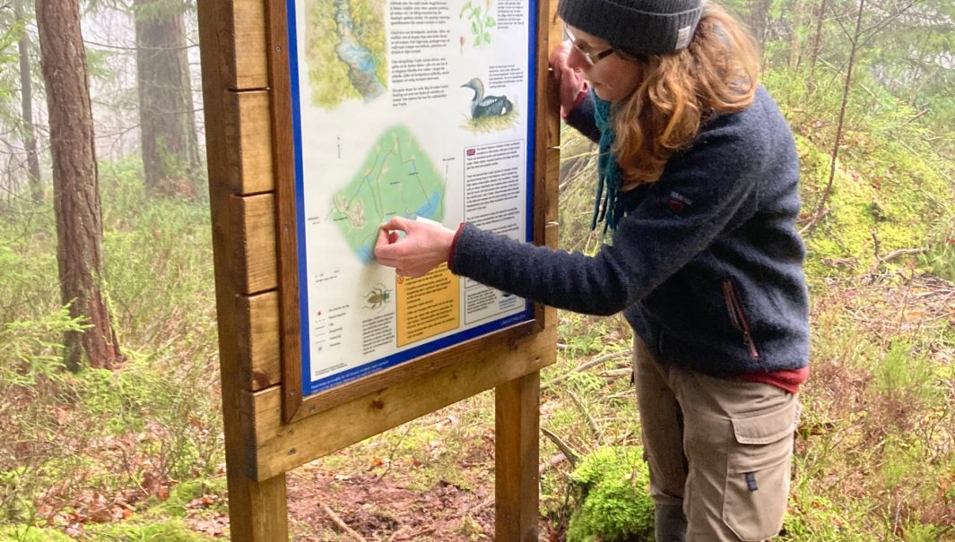 Person sätter på ett litet klistermärke på en skylt med karta. Foto.