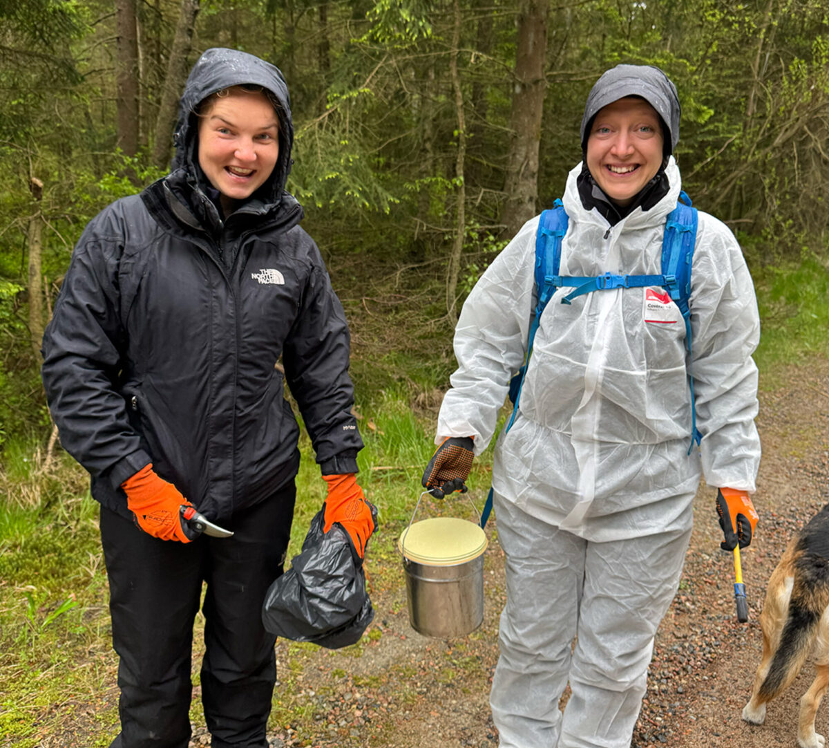 Två glada personer i regn med pensel och sekatör. Foto.
