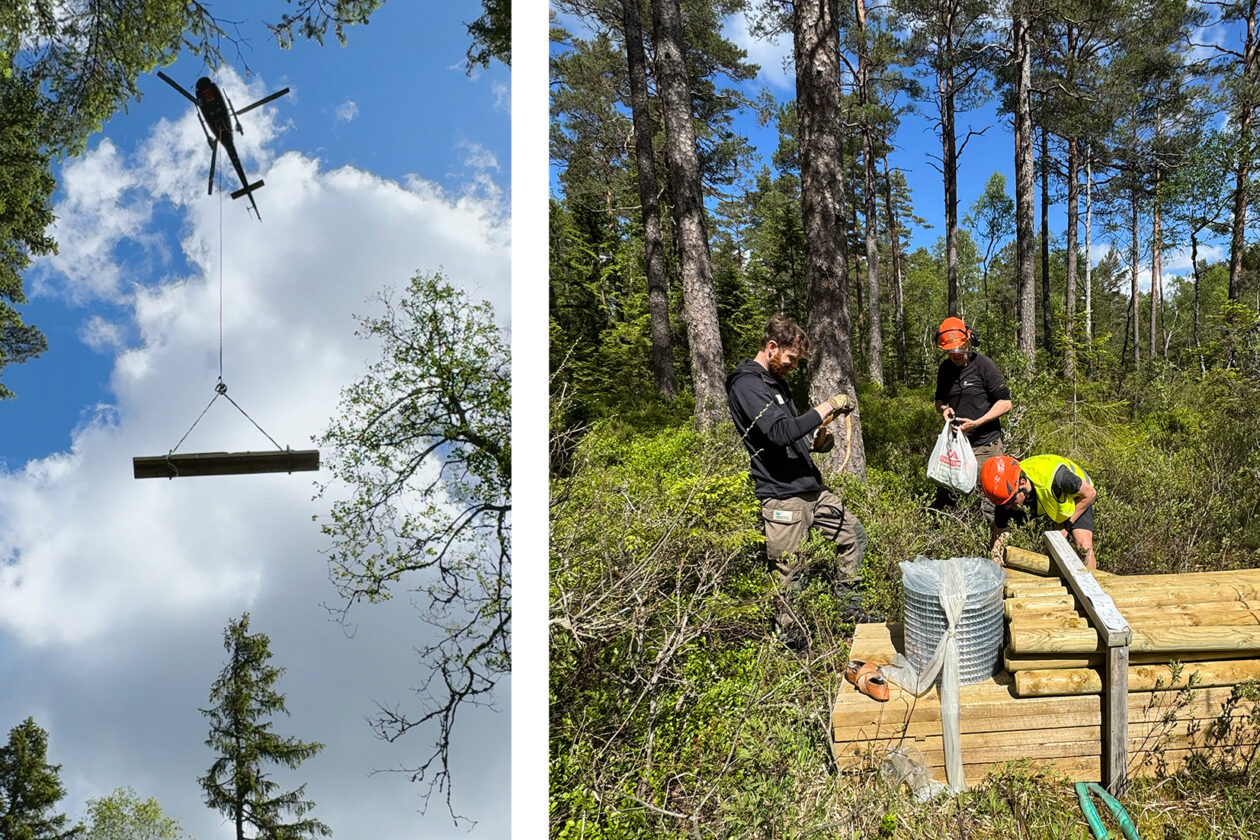 Fotokollage med två foton. Till vänster: helikopet med ett paket med spänger i skyn. Till höger: Personer står previd ett paket med brädor i skogen.