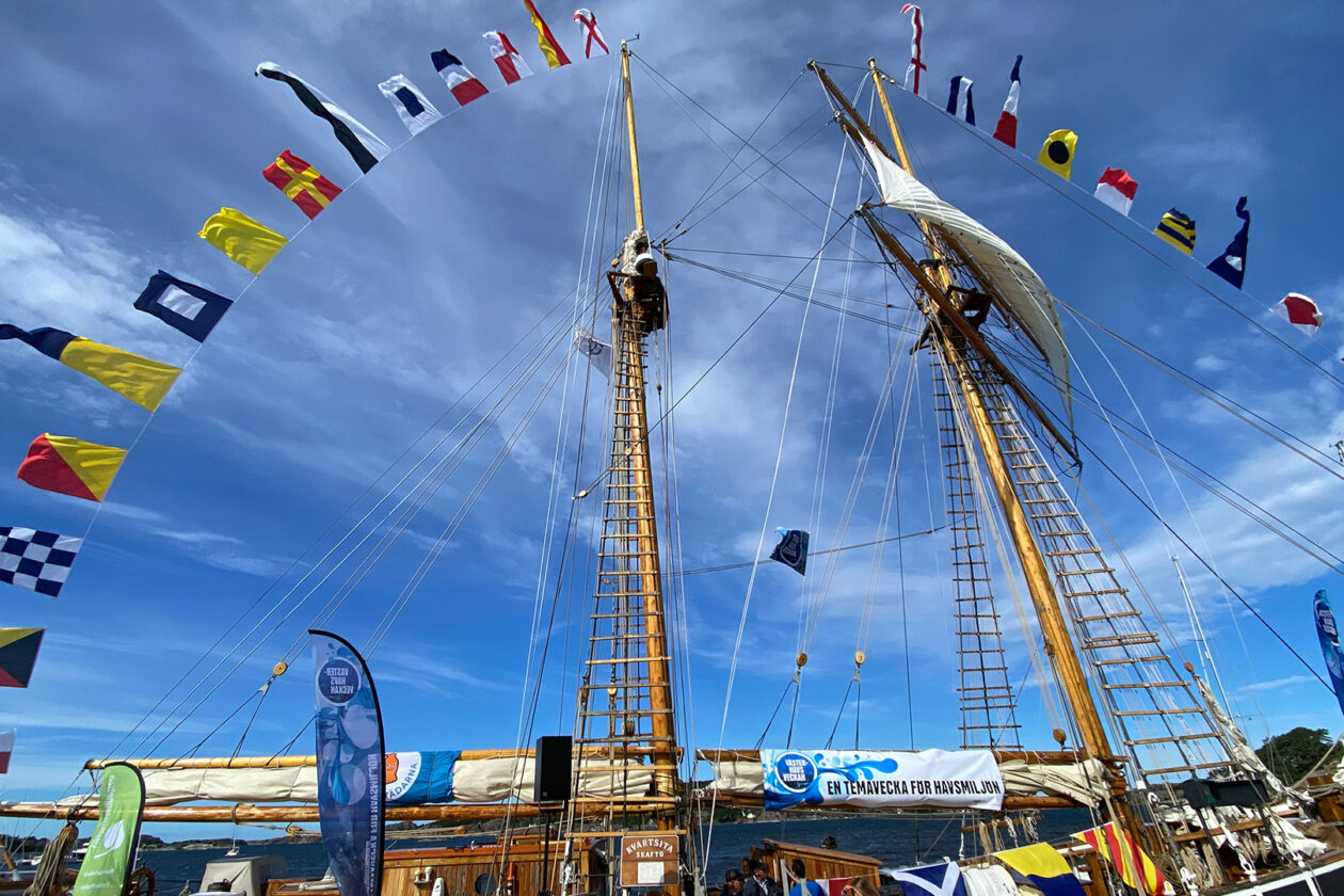 Foto av toppsegelskonaren Kvartsitas två master med flaggspel. Blå himmel med lätta molnskyar i bakgrunden.