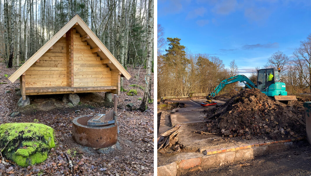 Kollage med två foton. Foto till vänster: vindskydd med en eldstad framför. Foto till höger: grävmaskin som grävt fram mur och golv.