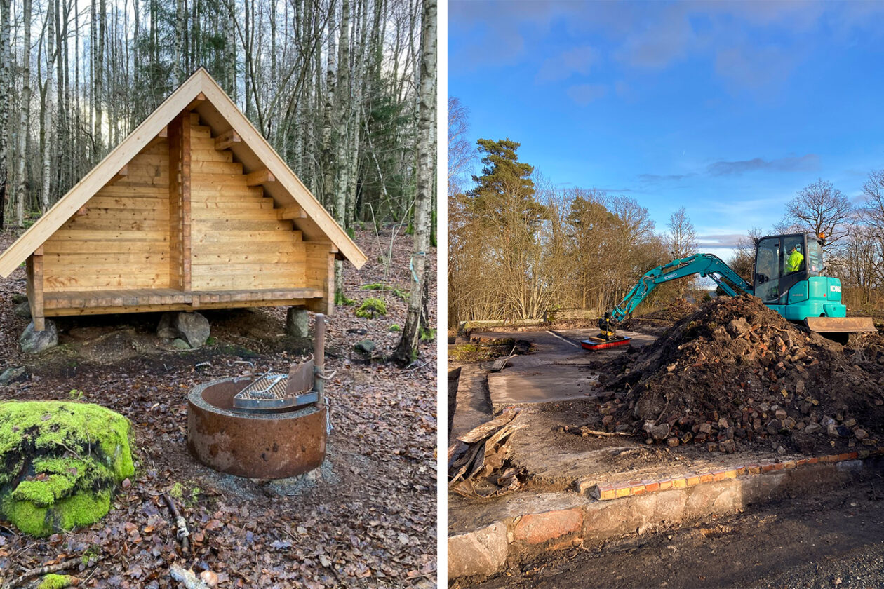 Kollage med två foton. Foto till vänster: vindskydd med en eldstad framför. Foto till höger: grävmaskin som grävt fram mur och golv.
