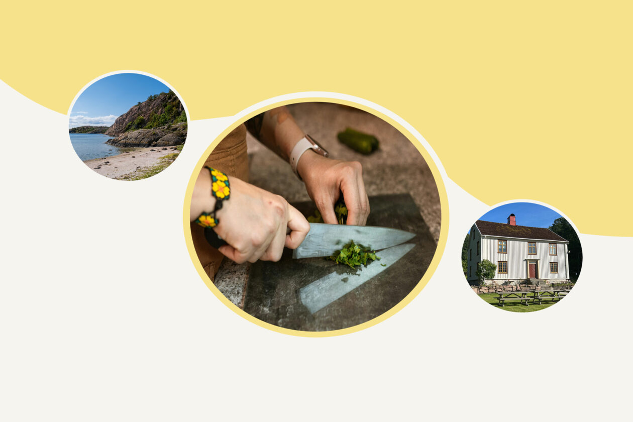 Kollage med gulvit bakgrund. Fotot i mitten visar en närbild på händer som hackar örter. Foto uppe till vänster visar sandstrand, hav och berg. Foto till höger visar en gammal vit byggnad.