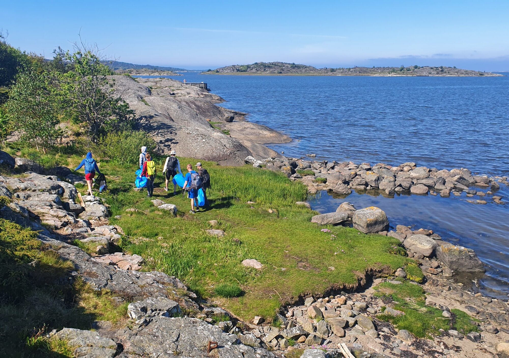 En grupp människor går längs kusten och strandstädar. De bär på blå sopsäckar. Blå himmel och blått hav. Granitklippor och gräs på marken.