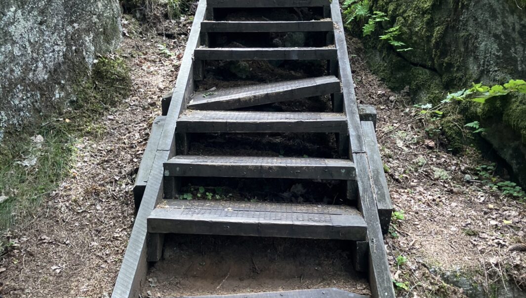 En trappa i Brobacka naturreservat som har trasiga trappsteg.
